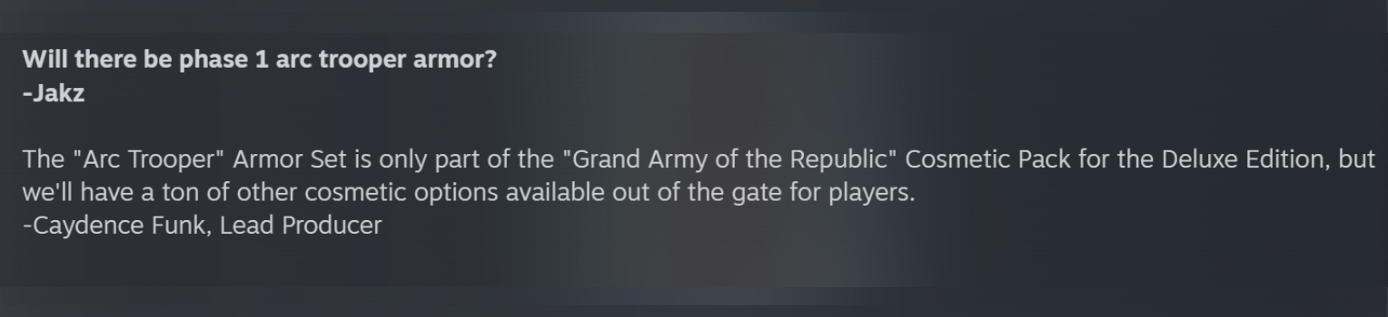 A screenshot from the Star Wars Zero Company Q&A on Steam, specifically a question about the Phase 1 Arc Trooper armour.