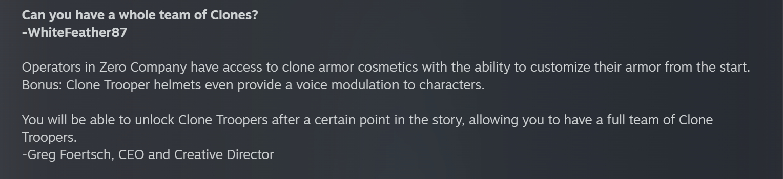 A screenshot from the Star Wars Zero Company Q&A on Steam, specifically a question about Clone Trooper teams.