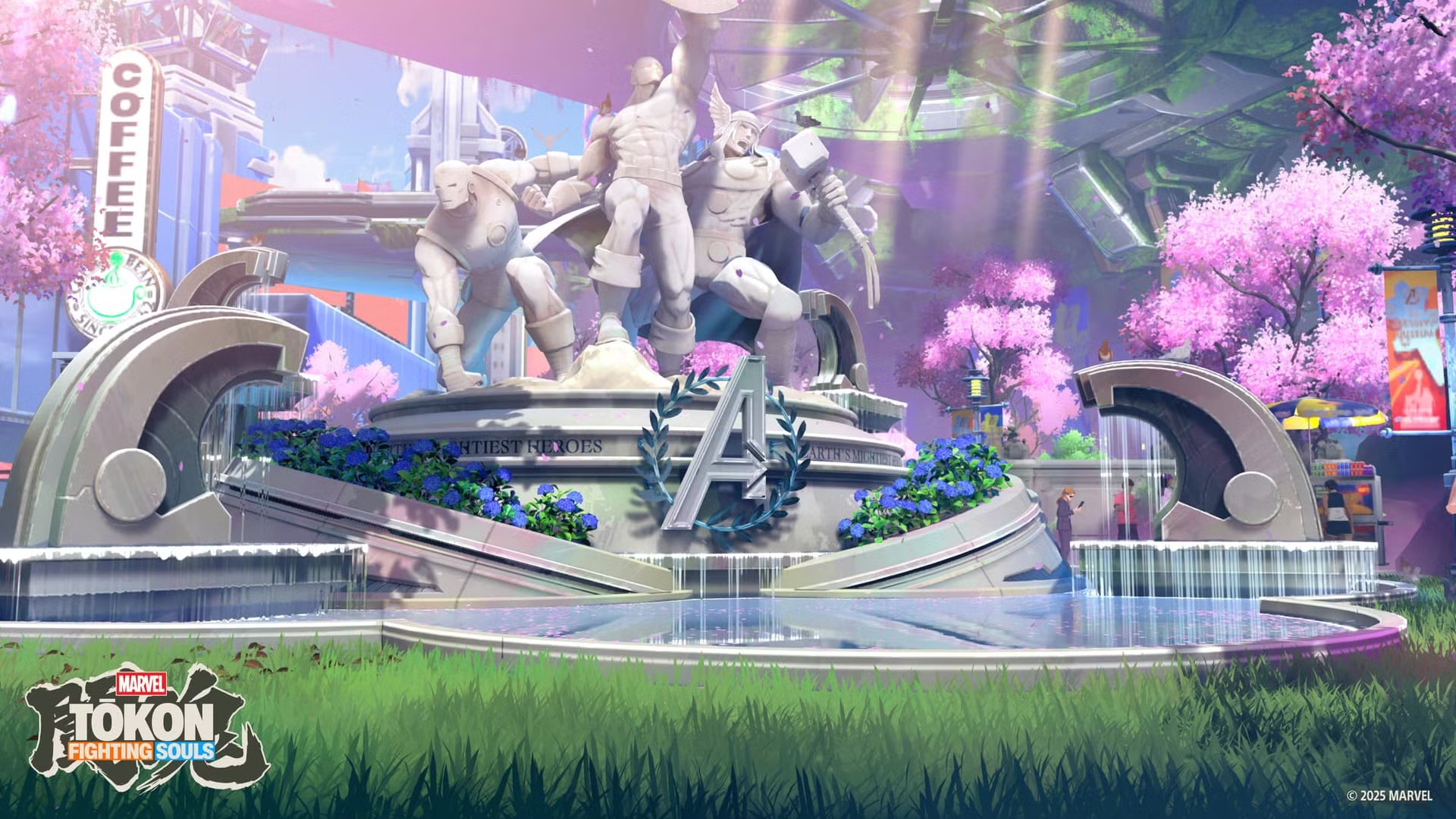 Marvel Tōkon: Fighting Souls - A stage with a lush park with an Avengers statue.