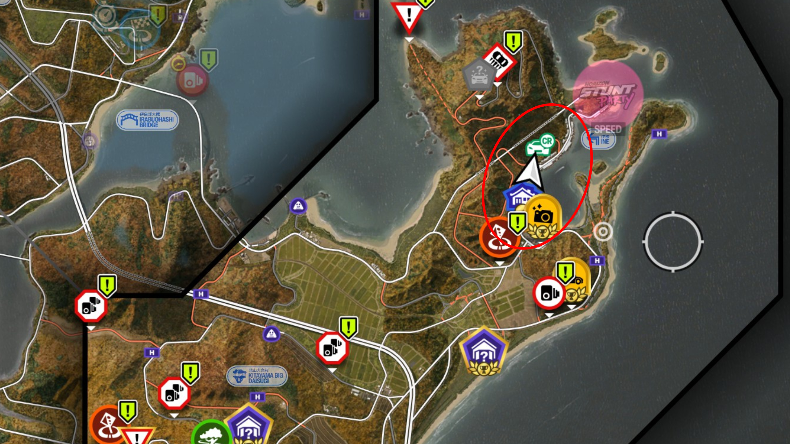 FH6 tank latte: A map of Ine, Ito, with a red oval showing the location of the tank lattes.