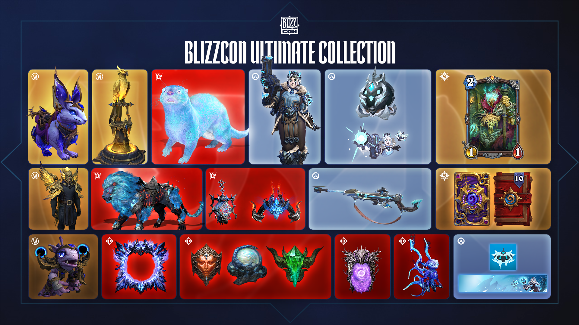 An image consisting of several cosmetic rewards for Blizzard's BlizzCon Ultimate Collection bundle. Three rows of in-game cosmetics are shown, including pets, mounts, and card backs.