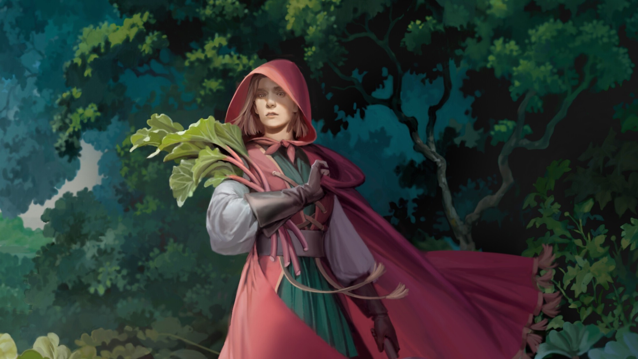 Mandrake - A farmer in a red cloak holds vegetables in a forest Mandrake - A farmer in a red cloak holds vegetables in a forest