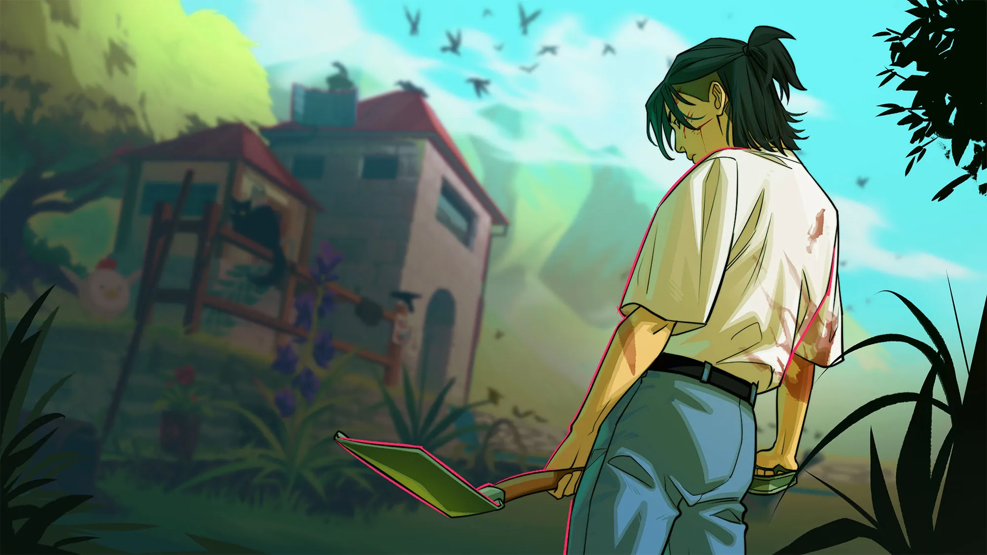 Grave Seasons - a farmer with blood on their shirt holds a shovel in a run down town Grave Seasons - a farmer with blood on their shirt holds a shovel in a run down town